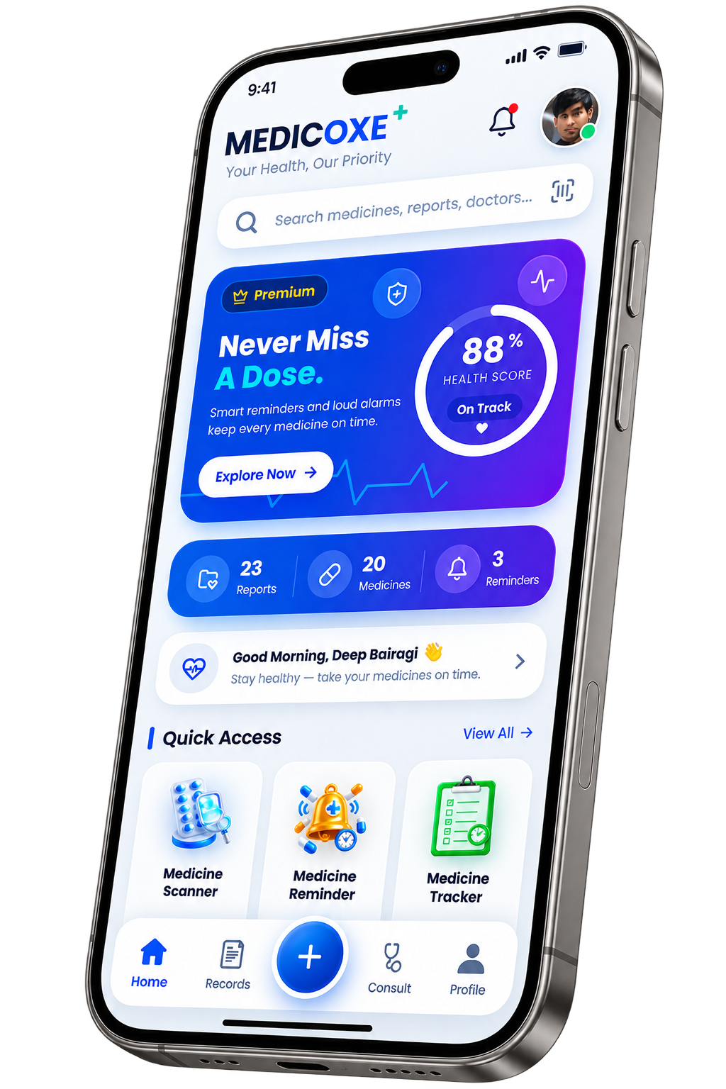 MEDICOXE+ app dashboard showing health score, reports and quick access